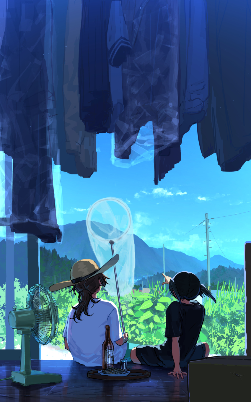 2girls alcohol beer black_hair black_shirt blue_sky brown_hair butterfly_net commentary day electric_fan from_behind from_inside hand_net hat highres holding holding_butterfly_net mountainous_horizon multiple_girls natsuno_kanasemi original power_lines scenery shirt short_sleeves sitting sky summer t-shirt unworn_clothes utility_pole white_shirt