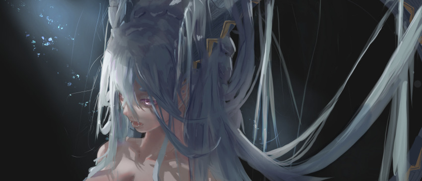 1girl absurdres bare_shoulders blue_hair fate/grand_order fate_(series) hair_between_eyes hair_over_breasts hair_on_horn highres horns jinj0121 long_hair looking_away looking_to_the_side neck purple_eyes solo star_eyes tiamat_(fate)
