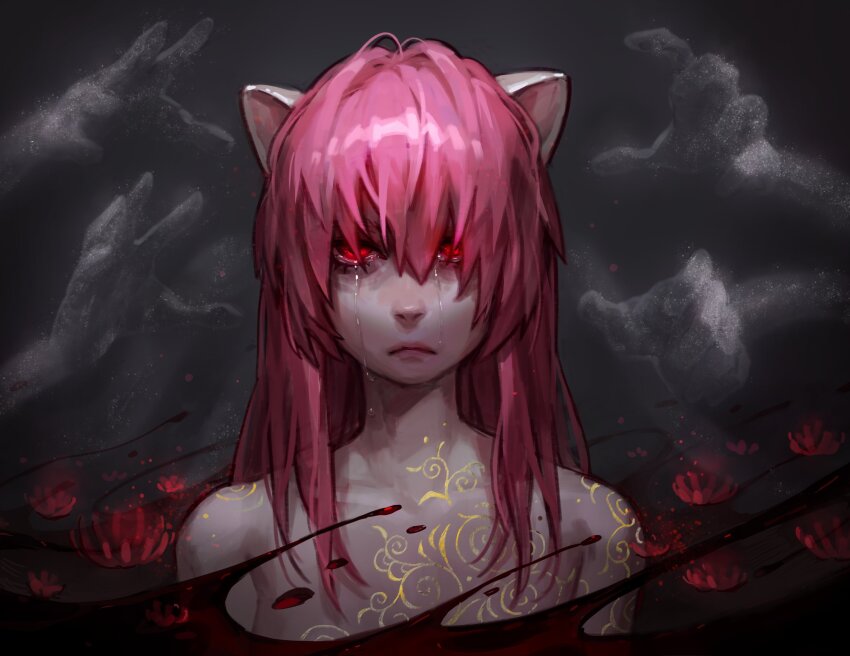 1girl absurdres blood closed_mouth commentary crying elfen_lied english_commentary flower frown grey_background highres horns long_hair lucy_(elfen_lied) pink_hair red_eyes red_flower ringed_eyes sad solo spider_lily starcat_bloom tears upper_body