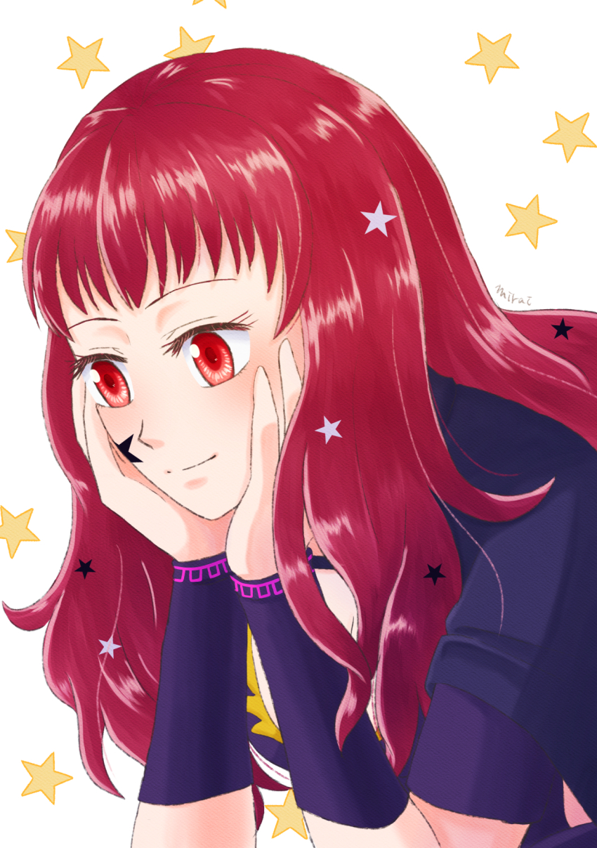 1girl bodysuit facial_mark fire_emblem fire_emblem_engage hair_ornament highres long_hair mirai_en nintendo purple_bodysuit red_eyes red_hair solo star_(symbol) star_facial_mark star_hair_ornament yunaka_(fire_emblem)