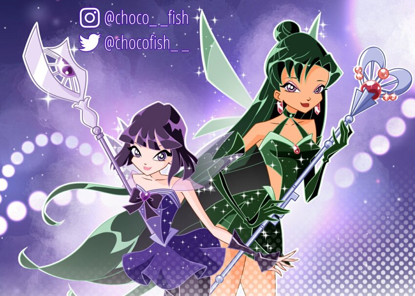 2girls adapted_costume bad_id bad_twitter_id bishoujo_senshi_sailor_moon black_arm_warmers black_bow black_bowtie black_pantyhose blunt_bangs blunt_ends bob_cut bow bowtie brooch cartoonized chest_jewel chocofish choker closed_mouth collarbone commentary cowboy_shot detached_sleeves earrings english_commentary eyelashes eyeshadow fairy fairy_wings gem glaive_(polearm) glitter green_choker green_hair green_leotard green_skirt green_wings hair_bun half_updo halftone halter_leotard halterneck heart heart_brooch height_difference high-waist_skirt highres holding holding_polearm holding_staff holding_weapon instagram_username jewelry leotard light_particles lipstick long_hair magical_girl makeup meiou_setsuna miniskirt multiple_girls outline pale_skin pantyhose parody pink_eyeshadow pink_lips pleated_skirt polearm purple_background purple_brooch purple_eyes purple_hair purple_leotard purple_skirt purple_sleeves purple_wings red_gemstone red_lips sailor_pluto sailor_saturn see-through_clothes see-through_sleeves short_hair short_sleeves silence_glaive single_hair_bun skirt smile sparkle staff straight_hair style_parody tan thighs tomoe_hotaru toon_(style) transparent_wings twitter_username very_long_hair weapon white_outline wings winx_club