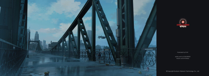 aircraft artist_name bridge building can chair cityscape cloud cloudy_sky commentary_request company_name copyright_notice day dinergate_(girls&#039;_frontline) erich folding_chair girls&#039;_frontline highres litter magazine_(object) newspaper no_humans non-humanoid_robot official_art outdoors river robot sangvis_ferri scenery sky skyscraper trash trash_can twitter_username variant_set watermark web_address weibo_username wet_ground