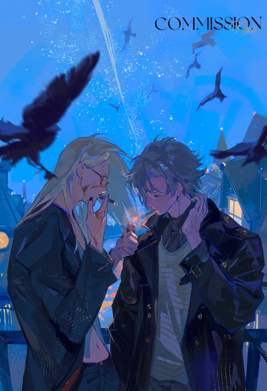 2boys absurdres black_coat black_pants blonde_hair blood blood_on_face blue_eyes coat daybit_sem_void fate/grand_order fate_(series) guanghecao25473 highres long_hair male_focus multiple_boys pants purple_eyes smoking sunglasses tezcatlipoca_(fate)