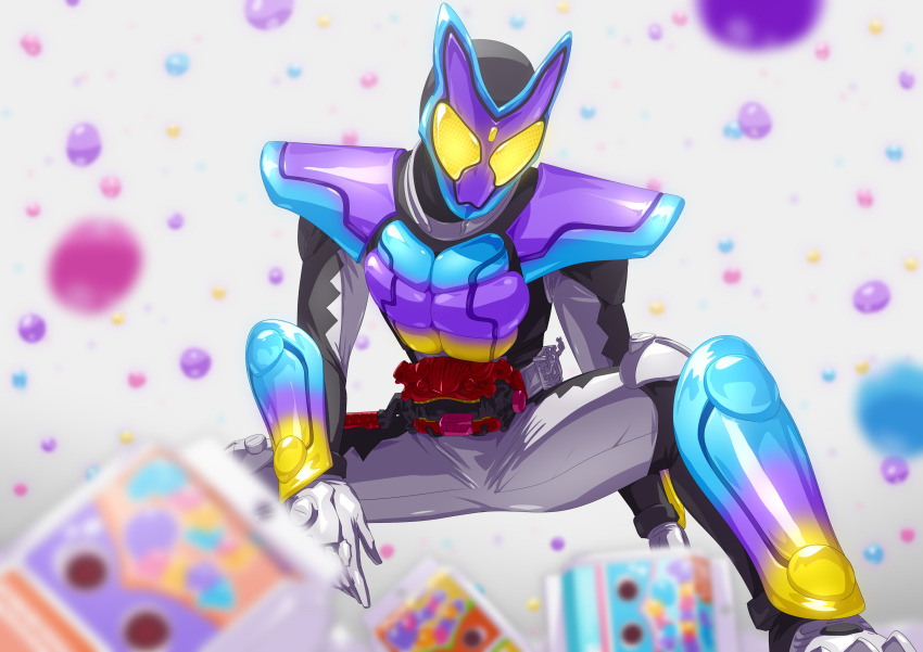 1boy absurdres adk-em armor bandai bandai_namco belt bodysuit candy commentary_request compound_eyes rider_belt food gochizou grey_bodysuit gummy_candy henshin_belt_gavv highres ishimori_prod kamen_rider kamen_rider_gavv kamen_rider_gavv_(series) kickingummy_gochizou male_focus otokamu poppin_gummy_gochizou punchingummy_gochizou purple_armor rider_belt solo squatting toei_company tokusatsu tv_asahi