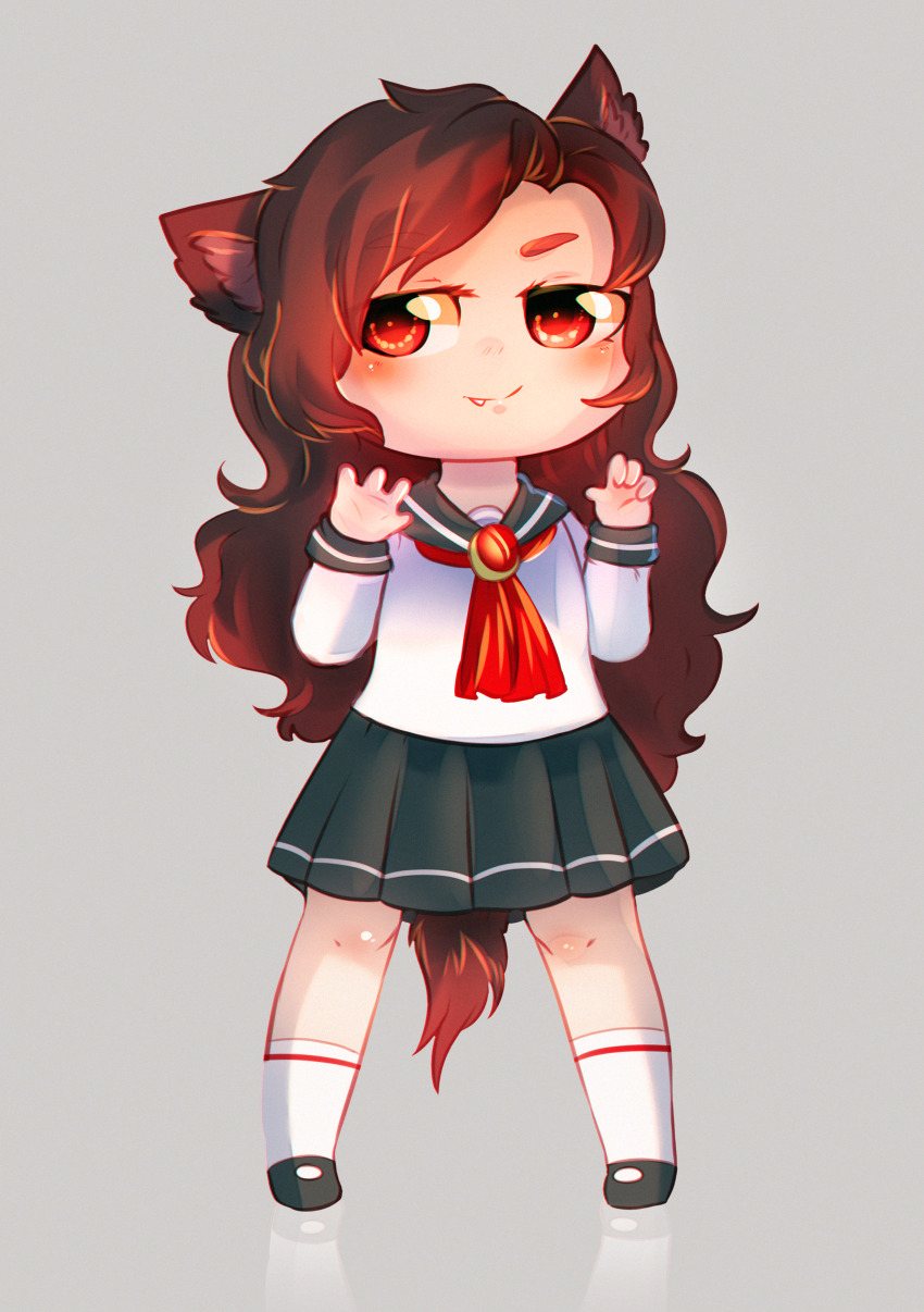 1girl absurdres alternate_costume animal_ears ascot black_shoes brown_hair chibi closed_mouth commentary dungeon_toaster fang fang_out full_body grey_background grey_sailor_collar grey_skirt highres imaizumi_kagerou light_smile long_hair looking_at_viewer mary_janes paw_pose pleated_skirt red_ascot red_eyes sailor_collar school_uniform shirt shoes simple_background skirt socks solo symbol-only_commentary tail touhou white_shirt white_socks wolf_ears wolf_girl wolf_tail