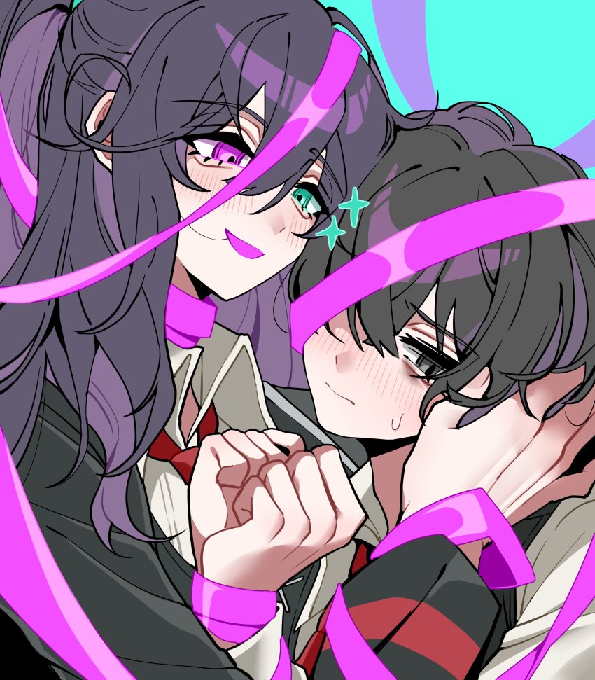 2boys absurdres aqua_eyes black_coat black_eyes black_hair blush coat e.g.o_(project_moon) hair_between_eyes hands_up heterochromia highres hong_lu_(project_moon) hug limbus_company long_hair long_sleeves multiple_boys open_mouth pink_eyes pink_ribbon project_moon purple_hair ribbon roseate_desire_(e.g.o) sidelocks smile tachibana_limbu upper_body very_long_hair yaoi yi_sang_(project_moon)