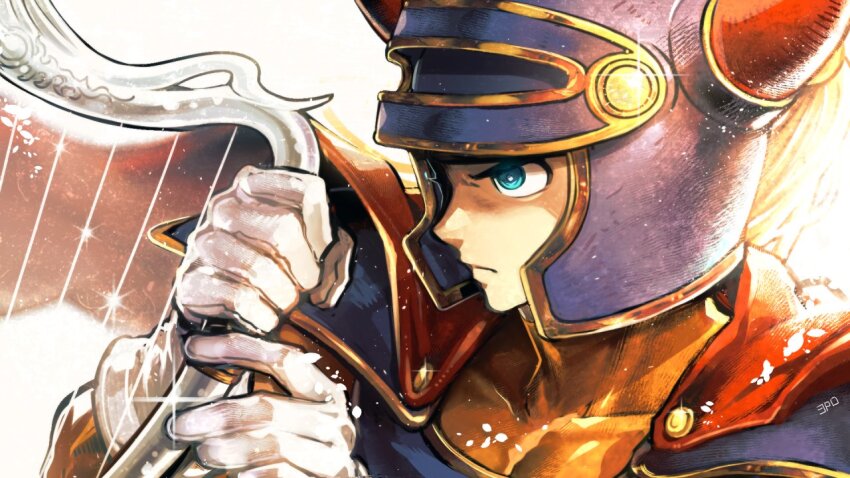 1boy armor blue_armor blue_eyes blue_helmet bodysuit cape closed_mouth collarbone commentary_request dragon_quest dragon_quest_i fake_horns glint gloves harp helmet hero_(dq1) horned_helmet horns instrument male_focus music orange_bodysuit playing_instrument red_cape sanpo_kbg serious shoulder_armor solo sparkle toned toned_male upper_body white_background white_gloves
