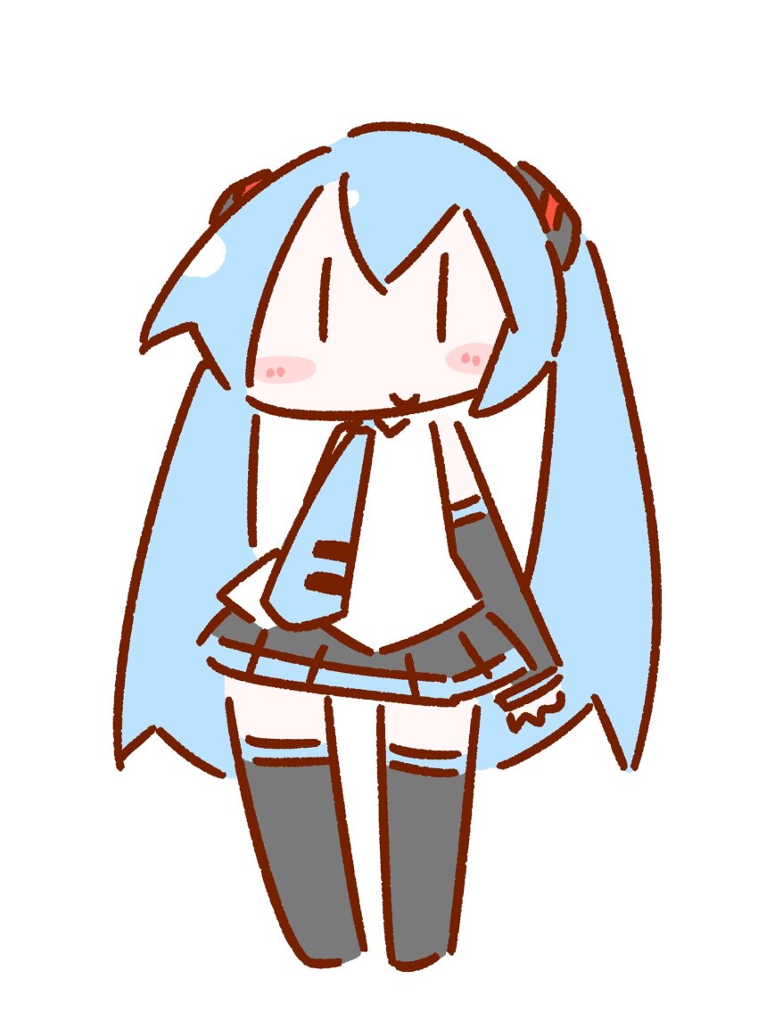 1girl black_shoes black_skirt black_sleeves blue_hair blue_necktie blush boots closed_mouth commentary_request deformed detached_sleeves full_body hair_between_eyes hatsune_miku highres long_sleeves looking_at_viewer mushino_shirase necktie no_nose pleated_skirt shirt shoes simple_background skirt smile solo standing thigh_boots tie_clip twintails vocaloid vocaloid_boxart_pose white_background white_shirt |_|