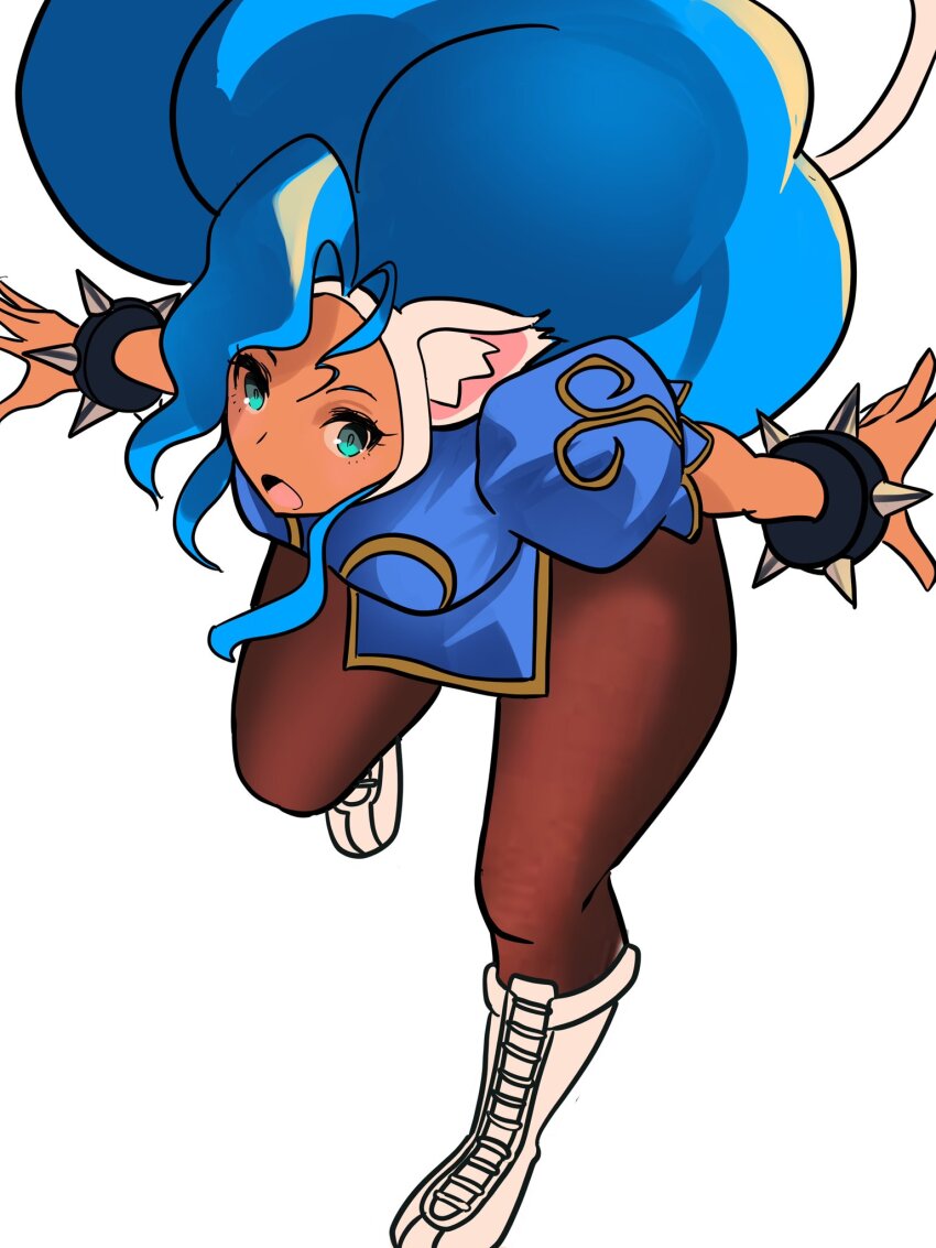 1girl animal_ears big_hair blue_dress blue_eyes blue_hair blush boots bracelet breasts brown_pantyhose bun_cover capcom cat_ears cat_girl cat_tail china_dress chinese_clothes chun-li chun-li_(cosplay) cosplay darkstalkers dress felicia_(darkstalkers) green_eyes highres jewelry large_breasts long_hair looking_at_viewer marvel_vs._capcom marvel_vs._capcom_3 meke_(77842928) open_mouth pantyhose pelvic_curtain puffy_short_sleeves puffy_sleeves sash short_sleeves smile solo spiked_bracelet spikes street_fighter tail white_background white_boots