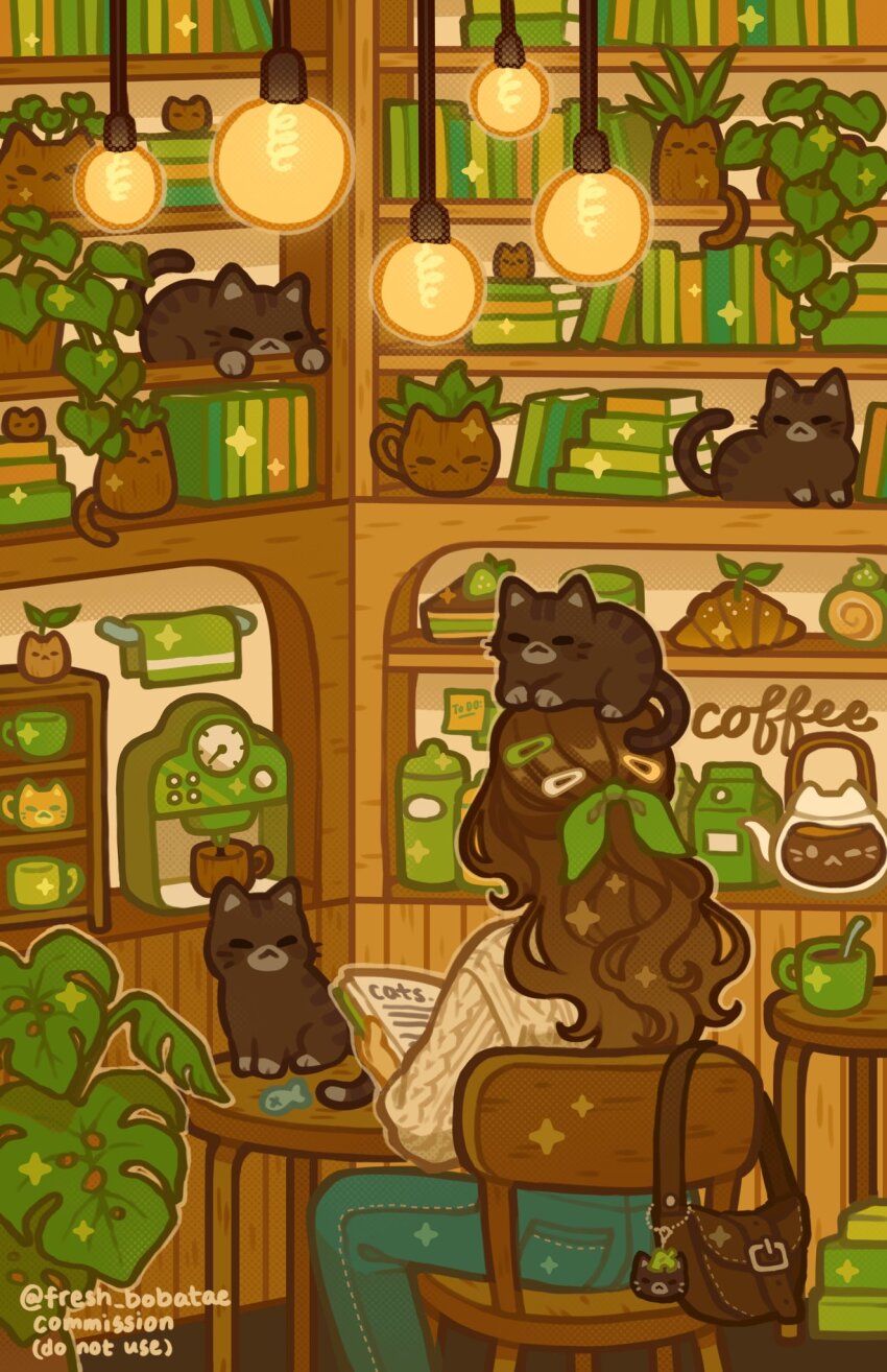 1girl animal animal_charm animal_on_head artist_name bag bag_charm blue_pants book bookshelf bow brown_bag brown_cat brown_theme cable_knit cat cat-shaped_food cat_on_head chair charm_(object) coffee coffee_pot commentary commission denim emily_kim english_commentary from_behind green_bow green_hair_ornament hair_bow hair_ornament hairclip halftone handbag hanging_lantern highres indoors ivy jeans knit_sweater light_bulb limited_palette long_sleeves monstera_deliciosa on_head original pants plant potted_plant reading sitting sparkle sweater table wavy_hair white_sweater wooden_chair wooden_table