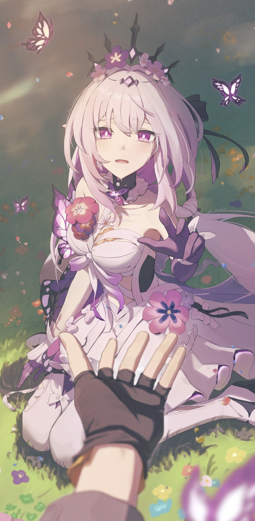 1boy 1girl absurdres arm_at_side black_gloves black_tiara blurry blurry_foreground breasts bright_pupils bug butterfly caelus_(honkai:_star_rail) castorice_(honkai:_star_rail) commentary_request crying crying_with_eyes_open dappled_sunlight dress field fingerless_gloves flower full_body gloves highres honkai:_star_rail honkai_(series) insect long_hair looking_at_viewer medium_breasts odd_(hin_yari) outdoors outstretched_arms parted_lips pink_flower purple_butterfly purple_eyes purple_flower purple_gloves purple_hair reaching reaching_towards_viewer red_flower sunlight tears tiara trailblazer_(honkai:_star_rail) white_dress white_pupils