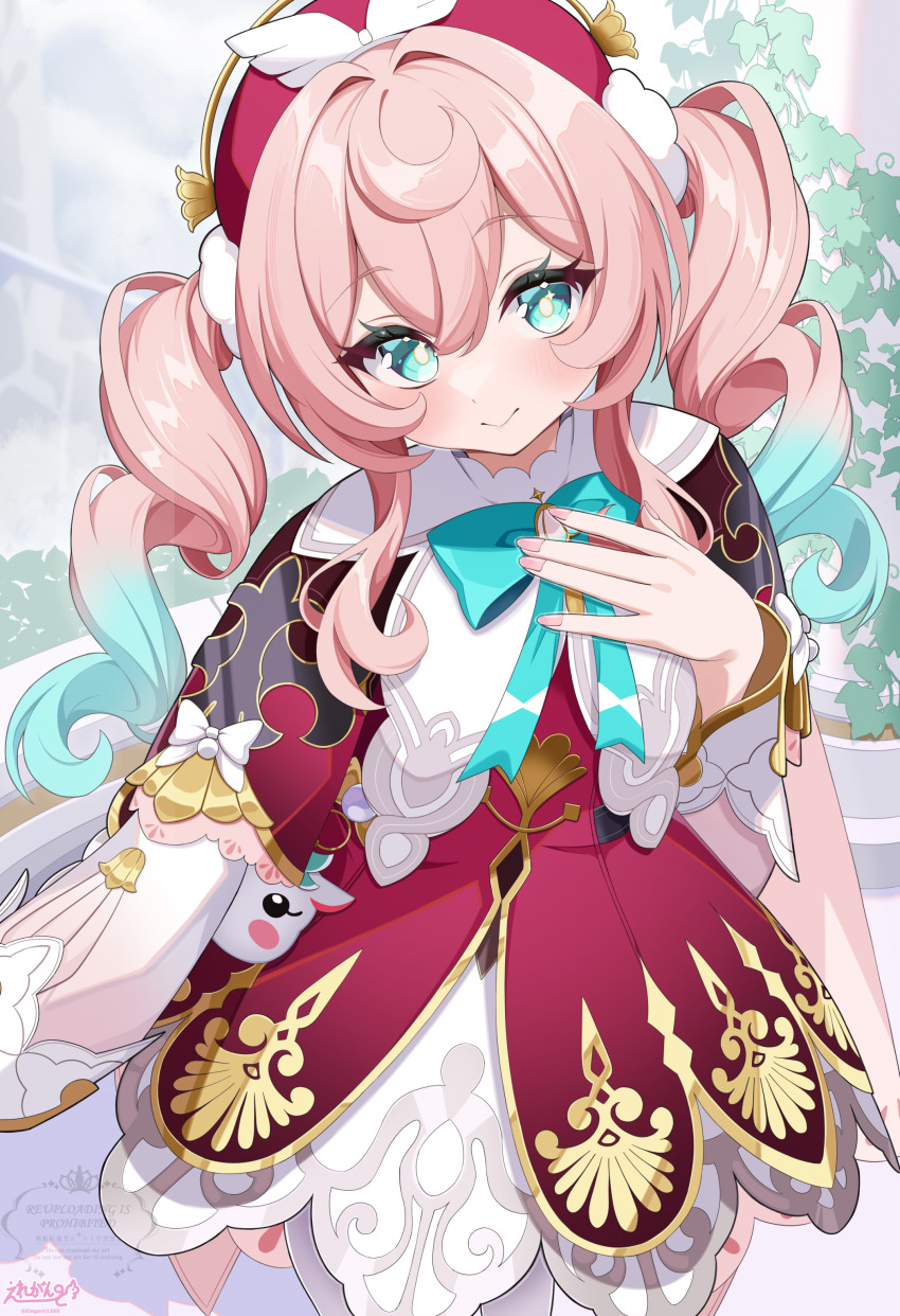 1girl absurdres blue_bow blue_bowtie blue_eyes blue_hair blush bow bowtie closed_mouth commentary_request day dress drill_hair elegant_(sumisumi4268) fingernails gradient_hair hair_between_eyes hat highres honkai:_star_rail honkai_(series) hyacine_(honkai:_star_rail) layered_dress long_sleeves looking_at_viewer multicolored_hair outdoors paid_reward_available pink_hair red_dress red_hat smile solo twin_drills white_dress