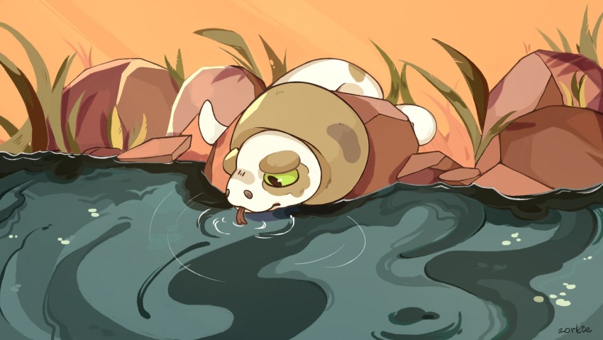 animal_focus gen_8_pokemon grass green_eyes highres nintendo no_humans pokemon pokemon_(creature) pokemon_focus ripples sand silicobra solo tongue tongue_out vilmublue water