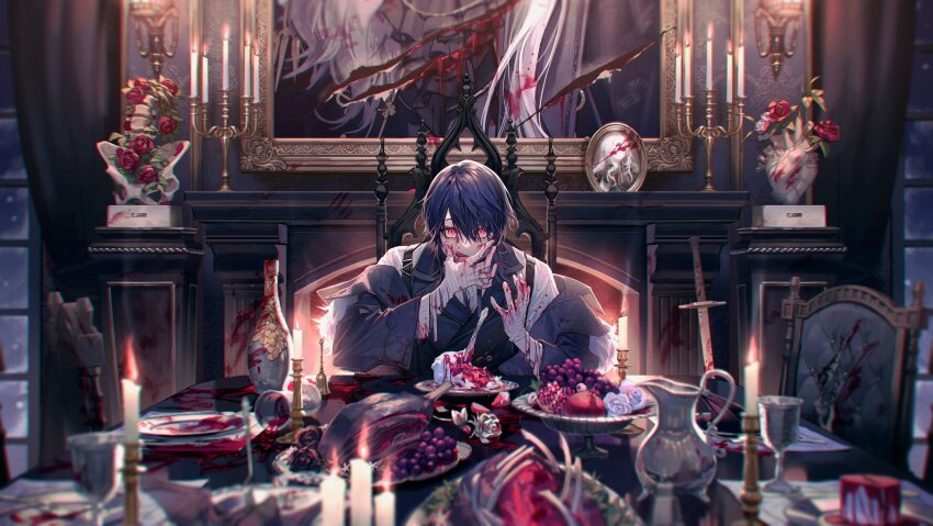 1boy bandaged_arm bandages banquet blood blood_on_clothes blue_vest bone cake candelabra candle candlestand chair commentary_request cup curtains disembodied_eye drinking_glass fire fire flower food fruit gilzaren_iii golden_rose grapefruit grapes haero heart_(organ) highres kenmochi_touya knife licking licking_blood licking_finger looking_at_viewer morinaka_kazaki nijisanji off_shoulder pannacotta picture_frame portrait_(object) purple_hair red_eyes red_flower red_rose ribs_(food) rose shirt sitting solo_focus spine table vase vest virtual_youtuber vocaloid white_shirt window wine_glass wolfism_(vocaloid)