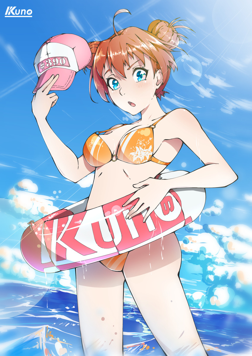 1girl absurdres artist_name baseball_cap beach bikini blue_eyes blue_sky blush breasts breasts_apart brown_hair cloud cloudy_sky cowboy_shot darling_in_the_franxx day double_bun female_focus from_below hair_bun hat highres innertube kuno_(runkunochan) lens_flare looking_at_viewer medium_breasts miku_(darling_in_the_franxx) open_mouth orange_bikini outdoors pink_hat sky solo swim_ring swimsuit water wet