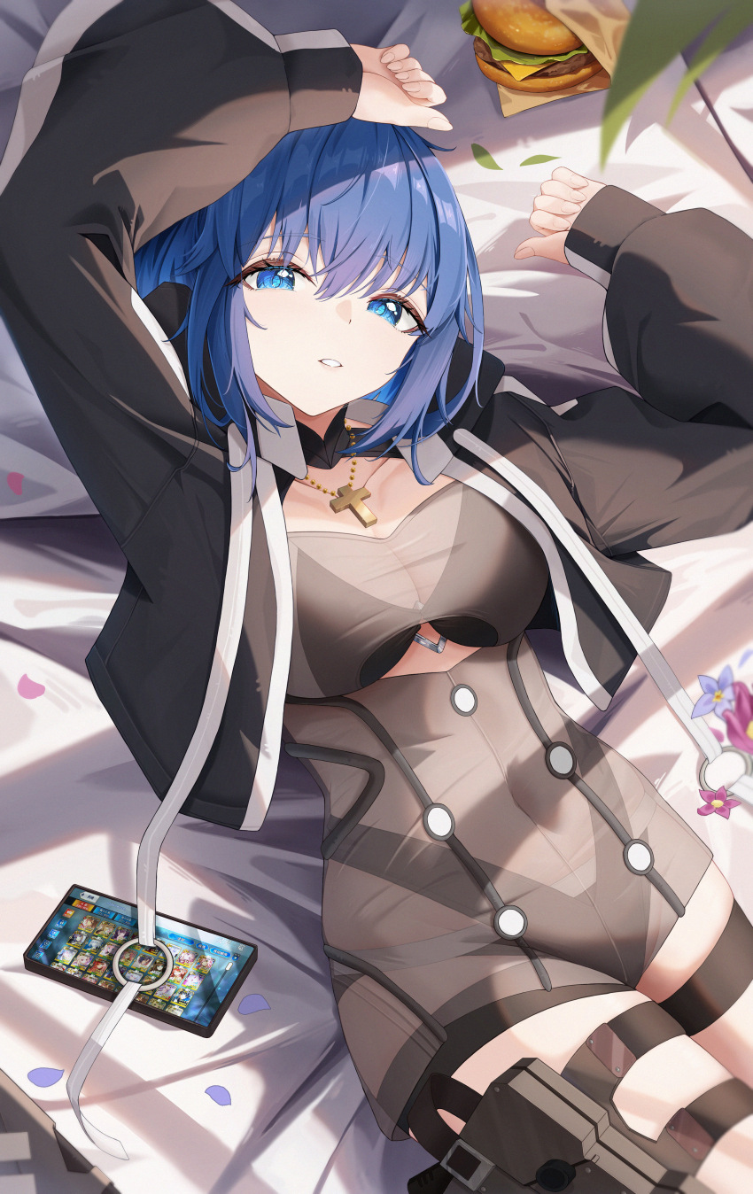 1girl about_fg absurdres bikini bikini_under_clothes black_bikini black_jacket blue_eyes blue_hair breasts burger c.i.e.l_(fate) c.i.e.l_(first_ascension)_(fate) cellphone ciel_(tsukihime) cropped_jacket cross cross_necklace dress_swimsuit fate/grand_order fate_(series) food grey_one-piece_swimsuit highres jacket jewelry large_breasts long_sleeves looking_at_viewer lying necklace on_back one-piece_swimsuit phone short_hair solo swimsuit thighs tsukihime