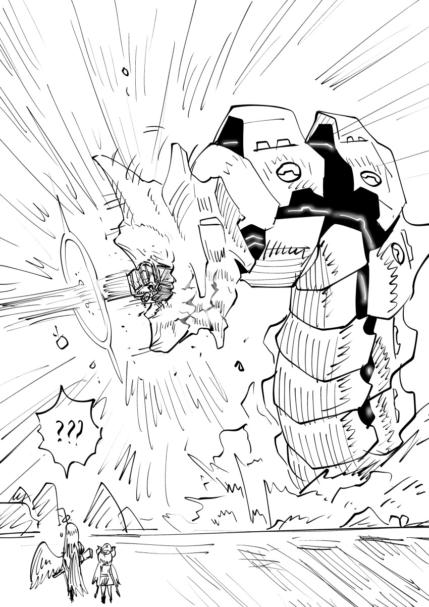 2girls ? ?? absurdres assault_rifle binah_(blue_archive) blue_archive comic commentary demon_girl demon_horns dual_wielding english_commentary feathered_wings formal_clothes greyscale gun haho halo hasumi_(blue_archive) highres hitting holding holding_gun holding_weapon horns junko_(blue_archive) kaiju long_hair long_sleeves looking_at_another monochrome motion_lines motor_vehicle multiple_girls pleated_skirt rifle school_uniform serafuku sidelocks size_difference skirt sniper_rifle speed_lines thrown truck weapon wings