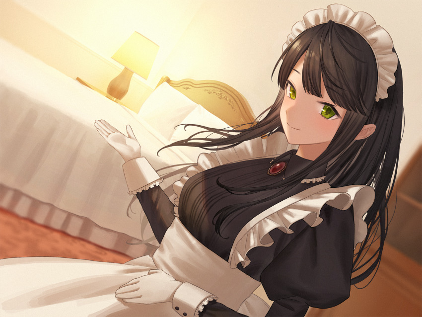 1girl bed bed_sheet bedroom black_hair blush closed_mouth gloves green_eyes highres indoors jfjf lamp long_hair looking_at_viewer maid maid_headdress original resolution_mismatch smile solo source_smaller standing white_gloves