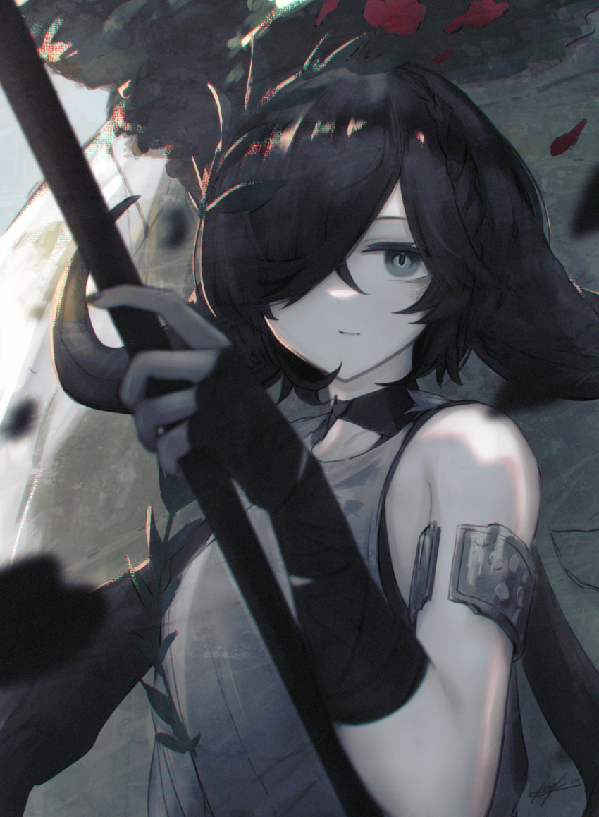1girl arknights arm_garter black_gloves brown_hair closed_mouth commentary cow_horns curled_horns expressionless female_focus fingerless_gloves fingernails flower flower_on_head gloves grey_eyes hair_over_one_eye highres holding holding_polearm holding_weapon horns looking_at_viewer medium_hair official_alternate_costume one_eye_covered pallas_(arknights) pallas_(heritage)_(arknights) polearm red_flower signature solo sutorobo72 toga upper_body weapon