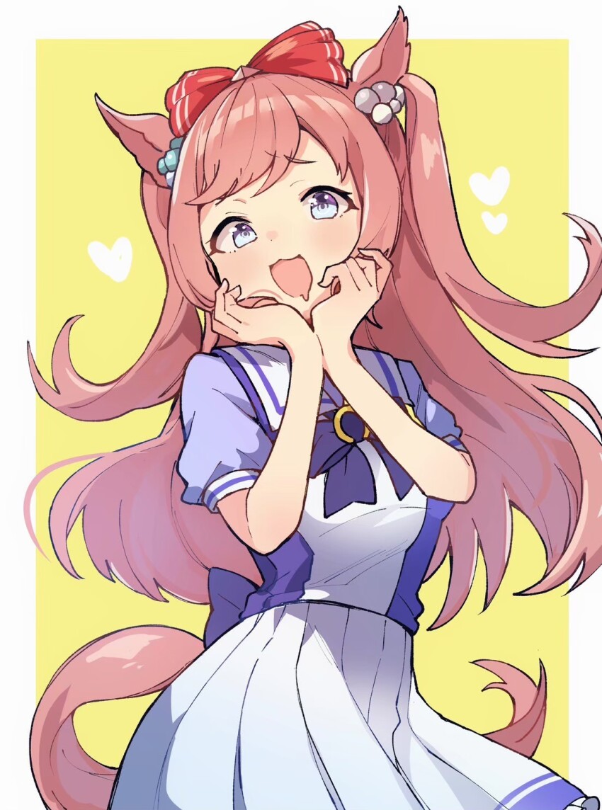 1girl agnes_digital_(umamusume) animal_ears blue_eyes blush border bow breasts commentary_request cowboy_shot drooling ear_ornament hair_bow hair_ornament hands_on_own_cheeks hands_on_own_face heart highres horse_ears horse_girl horse_tail looking_at_viewer mouth_drool open_mouth outside_border pink_hair puffy_short_sleeves puffy_sleeves purple_bow purple_shirt red_bow school_uniform shirano_akihiro shirt short_sleeves simple_background skirt small_breasts smile solo summer_uniform tail tracen_school_uniform two_side_up umamusume white_border yellow_background