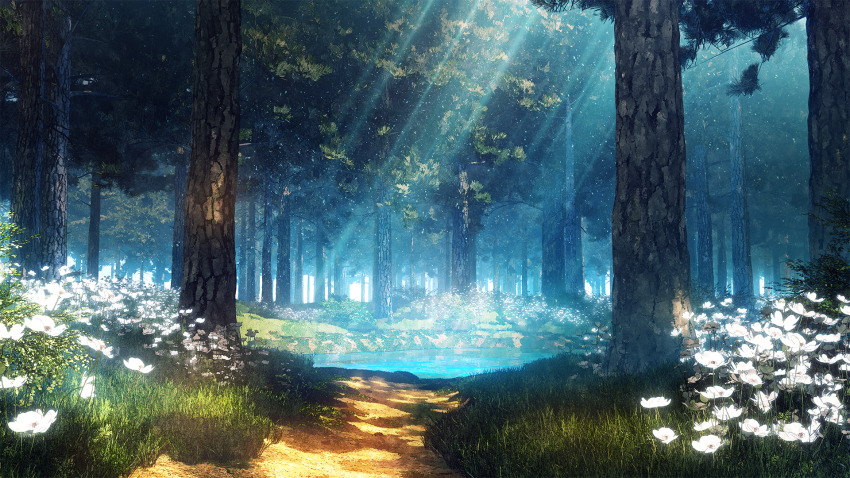 dappled_sunlight day dirt_road flower forest grass hachio81 highres landscape light_rays nature no_humans original outdoors pine_tree pond road scenery sunbeam sunlight tree white_flower
