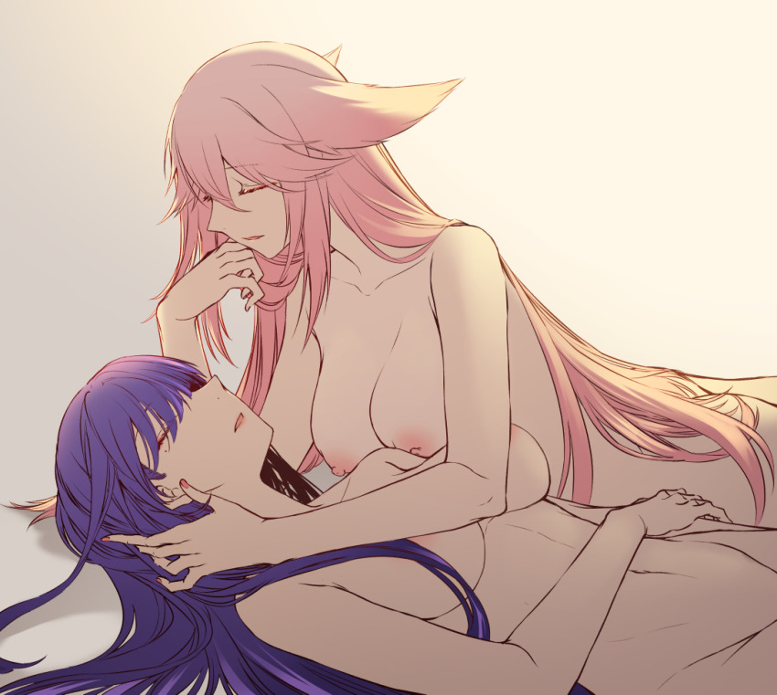 2girls animal_ears bad_id bad_twitter_id breasts closed_eyes collarbone commentary cowboy_shot english_commentary fox_ears genshin_impact gradient_background large_breasts long_hair lying mole mole_under_eye multiple_girls navel nipples nude on_back on_side parted_lips pink_hair purple_hair raiden_shogun sieka_(piiroinardesco) yae_miko yuri