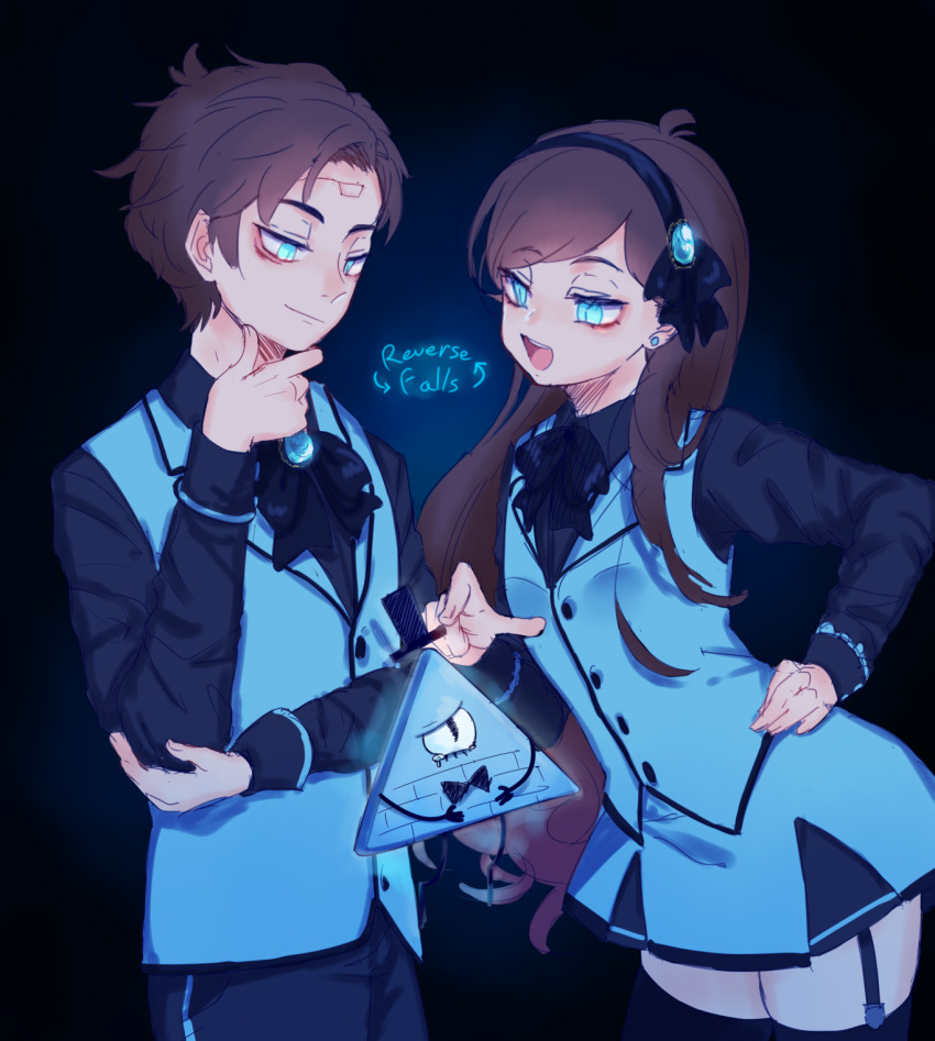 1boy 1girl aqua_eyes aqua_vest ascot bill_cipher brooch brother_and_sister brown_hair dark_persona dipper_gleeful dipper_pines dress facial_mark forehead_mark formal_clothes garter_straps gem glowing_jewelry gravity_falls hair_ornament highres jewelry long_hair mabel_gleeful mabel_pines miniskirt short_hair siblings skirt swept_bangs twins vest will_cipher