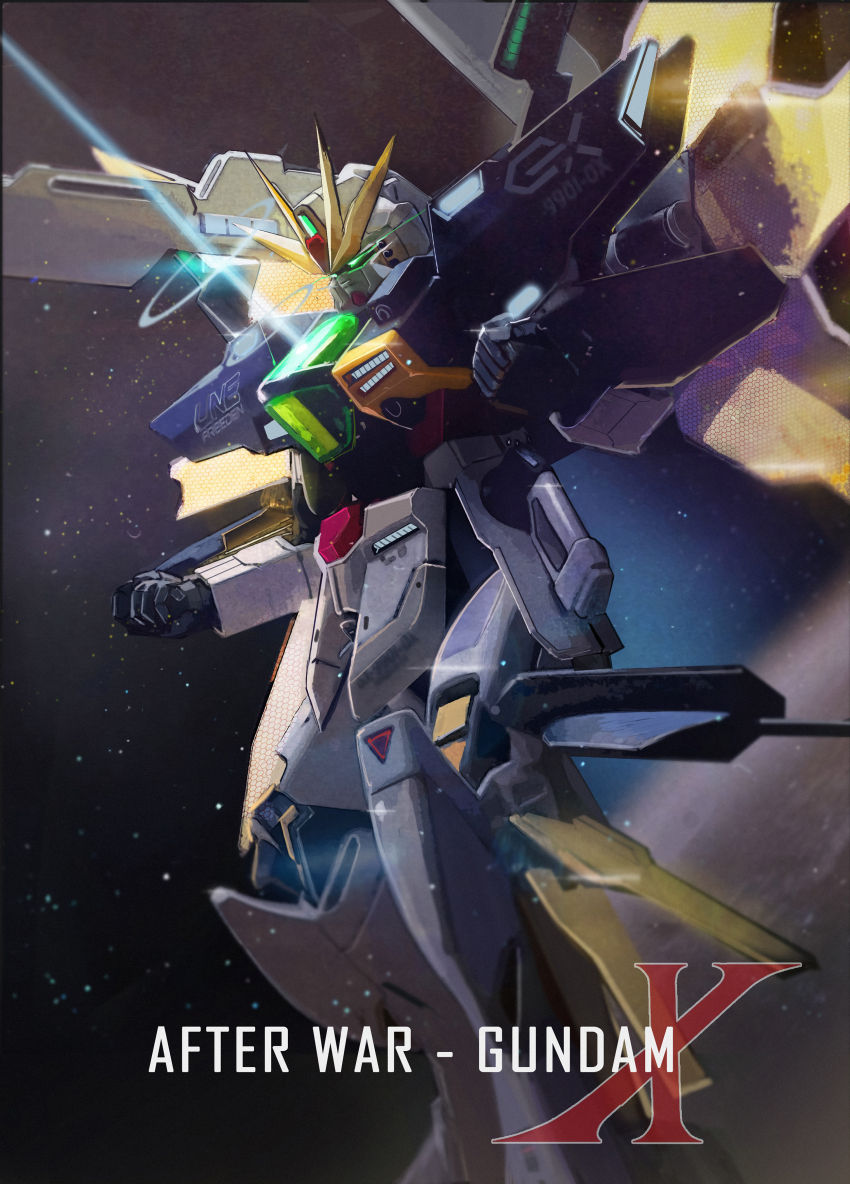 absurdres after_war_gundam_x beam_cannon clenched_hands commentary copyright_name feet_out_of_frame from_side glowing glowing_eyes green_eyes gundam gundam_double_x highres mecha mecha_focus mobile_suit mobius_(mobiusu14) no_humans robot satellite_cannon science_fiction shoulder_cannon solo space star_(sky) v-fin