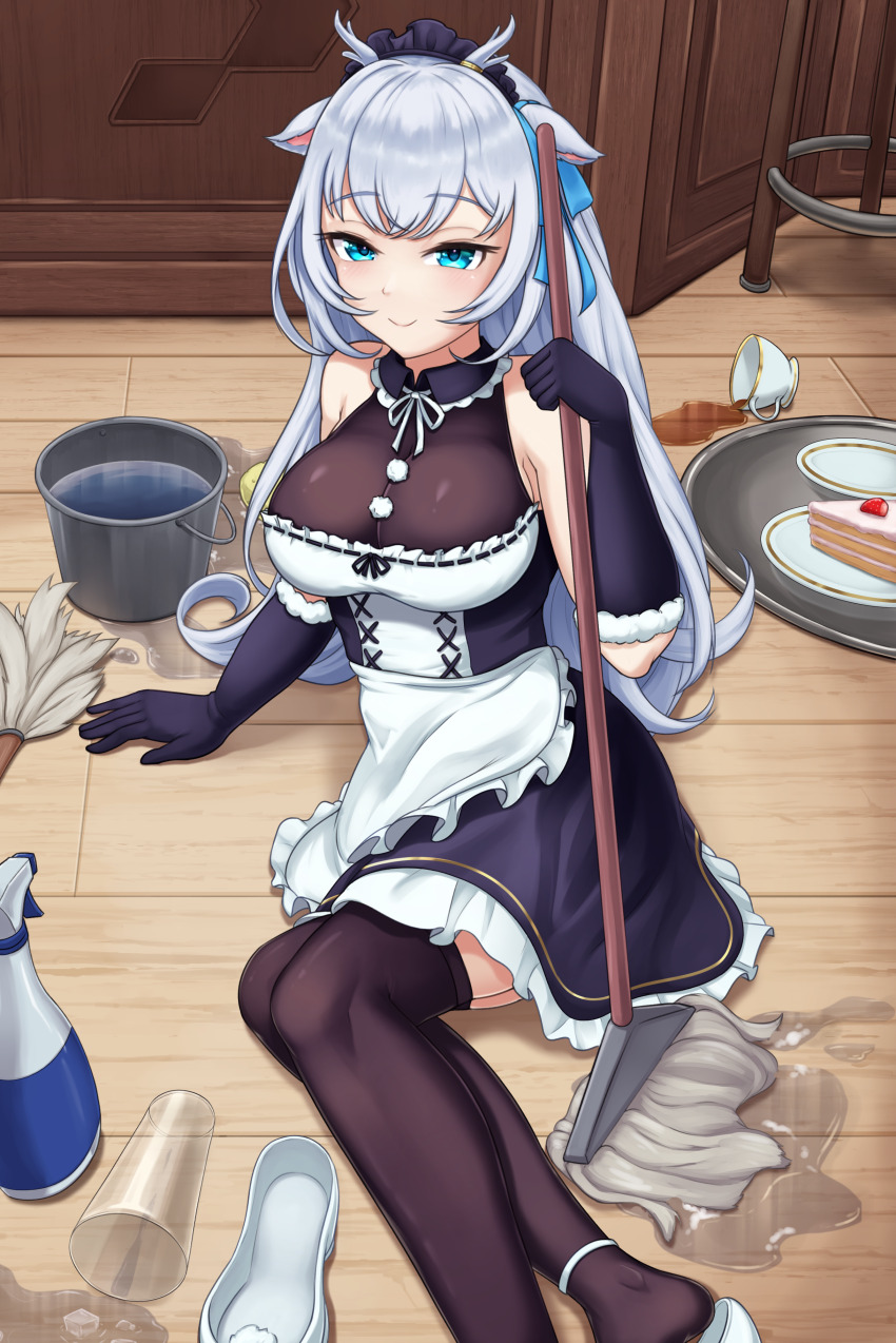 1girl absurdres animal_ears apron black_collar black_dress black_gloves black_thighhighs blue_eyes blue_ribbon bottle breasts bucket bucket_of_water closed_mouth collar cup deer_ears deer_girl dress efreezerarts elbow_gloves frilled_collar frilled_dress frills fur-trimmed_gloves fur_trim glass gloves grey_hair hair_ribbon hakushika_iori halterneck highres holding holding_mop large_breasts long_hair maid_headdress mop phase_connect plate pom_pom_(clothes) ribbon saucer second-party_source shoes smile solo spill sponge spray_bottle teacup thighhighs tray unworn_shoes virtual_youtuber waist_apron white_apron white_shoes wooden_floor