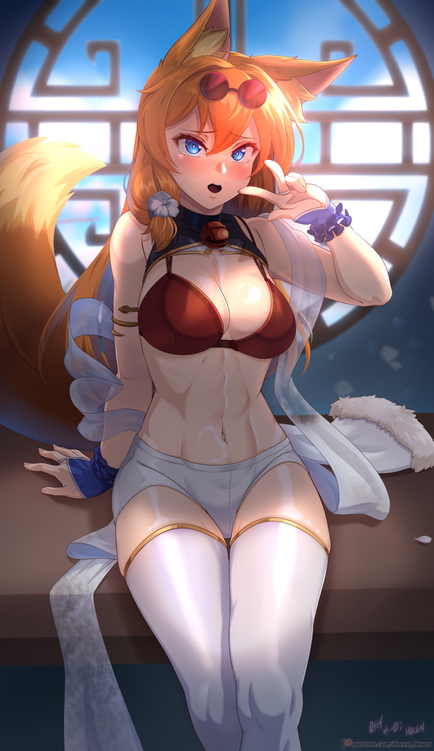 1girl :o absurdres animal_ear_fluff animal_ears arm_support bare_shoulders bell black_choker black_shrug blue_eyes blue_scrunchie blush bra breasts choker cleavage commentary commentary_request cowboy_shot english_commentary eyelashes eyewear_on_head fox_ears fox_girl fox_tail grin highres indoors jingle_bell kitsu_(vilde_loh_hocen) large_variant_set looking_at_viewer mixed-language_commentary navel neck_bell on_table open_mouth orange_hair original red-tinted_eyewear red_bra scrunchie short_shorts shorts shrug_(clothing) sitting skindentation sleeveless_shrug smile solo table tail teeth thighhighs thighs tinted_eyewear toned toned_female turtleneck_shrug underwear upper_teeth_only variant_set vilde_loh_hocen w watermark web_address white_shorts white_thighhighs wrist_scrunchie