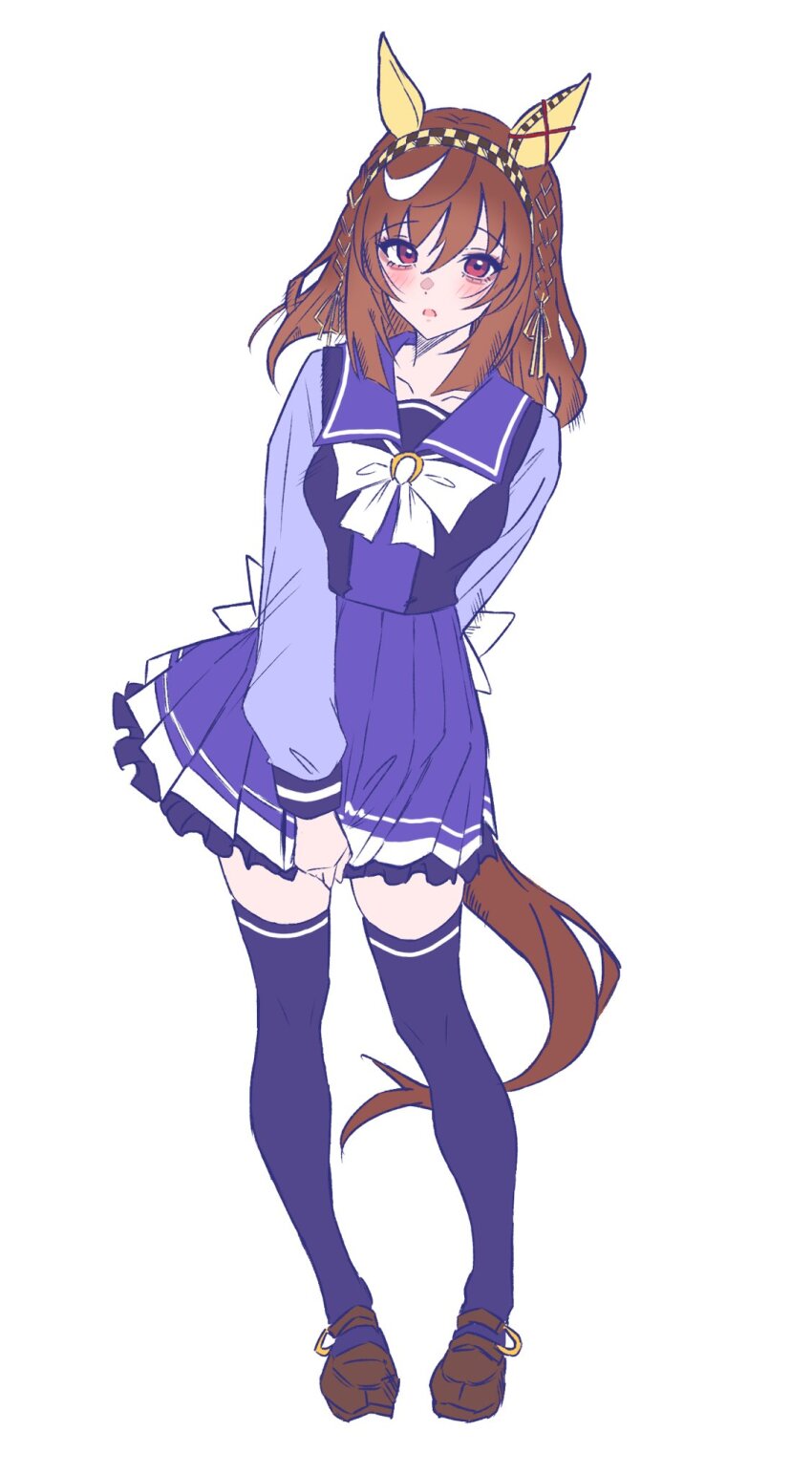 1girl blush braid breasts brown_hair buena_vista_(umamusume) collarbone full_body hair_between_eyes hair_ornament hairband highres kerotan_(belle_reinedesu) looking_at_viewer medium_breasts medium_hair ribbon school_uniform simple_background standing thighhighs tracen_school_uniform umamusume white_background