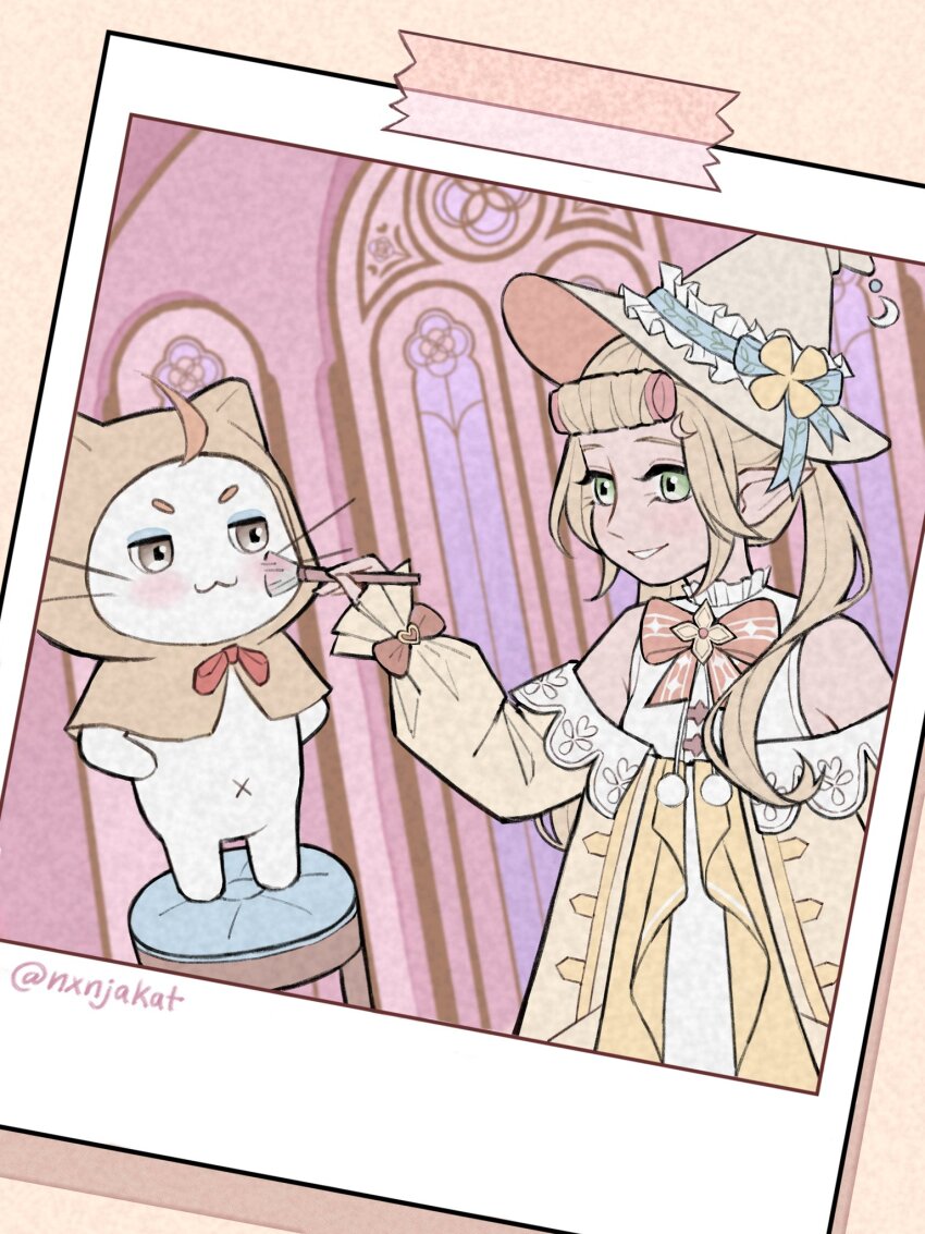 1girl :3 ahoge animal applying_another&#039;s_makeup bare_shoulders blonde_hair bow bowtie brooch brown_eyes buttons cat cloak clothed_animal collared_dress commentary cowboy_shot crescent crescent_hat_ornament dress ear_covers english_commentary eyelashes flower_button forehead frilled_dress frilled_sleeves frills green_eyes hair_half_over_shoulder hair_rollers hands_on_own_hips hat hat_ornament heart highres holding holding_brush holding_makeup_brush hood hood_up hooded_cloak indoors infinity_nikki jacket jewelry long_hair long_sleeves looking_at_another makeup_brush momo_(nikki) navel nikki_(series) nxnjakat off-shoulder_jacket off_shoulder on_stool open_mouth orange_bow orange_bowtie photo_(object) pom_pom_(clothes) puffy_long_sleeves puffy_sleeves red_bow red_bowtie sleeve_bow sleeveless sleeveless_dress smile stained_glass standing striped_bow striped_bowtie striped_clothes tape timis_(infinity_nikki) twintails twitter_username whiskers white_cat white_dress witch_hat yellow_cloak yellow_hat yellow_jacket