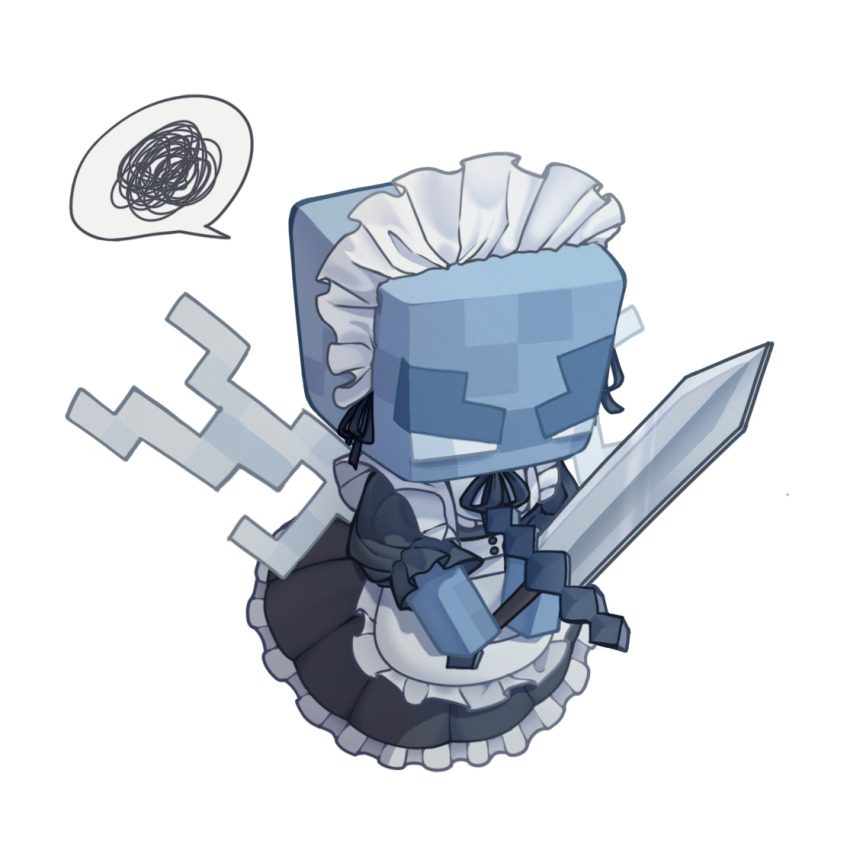 1other alternate_costume annoyed apron chinese_commentary colored_skin commentary_request enmaided full_body grey_skin holding holding_sword holding_weapon maid maid_apron maid_headdress minecraft minecraft_(style) minecraft_sword official_style other_focus simple_background solo sword veghia vex_(minecraft) weapon white_background wings