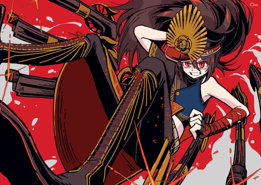1boy artist_name black_hair black_pants cape clenched_teeth crest family_crest fate/grand_order fate_(series) firing gloves goma1021 gun hair_between_eyes hat long_hair male_focus military_hat musket oda_kippoushi_(fate) oda_nobunaga_(fate) oda_uri open_mouth pants peaked_cap ponytail red_background red_eyes shirt teeth two-tone_background weapon white_background
