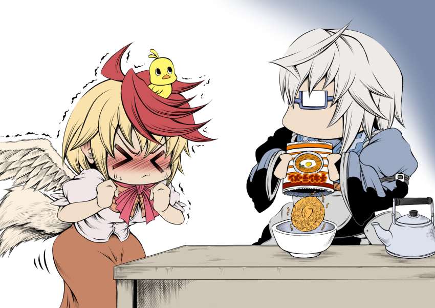 1boy 1girl ahoge angry bird blonde_hair bowl chick food glasses hidefu_kitayan highres instant_noodle_block instant_ramen kettle morichika_rinnosuke niwatari_kutaka pack_noodles red_hair shaking tail touhou white_hair wings