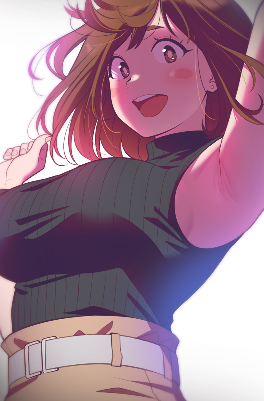 1girl :d andrian_januar_adilia armpits arms_up belt black_sweater blush_stickers boku_no_hero_academia breasts brown_eyes brown_hair commentary cowboy_shot english_commentary highres large_breasts looking_at_viewer open_mouth short_hair simple_background sleeveless sleeveless_turtleneck smile solo sweater teeth turtleneck turtleneck_sweater upper_teeth_only uraraka_ochako white_background white_belt