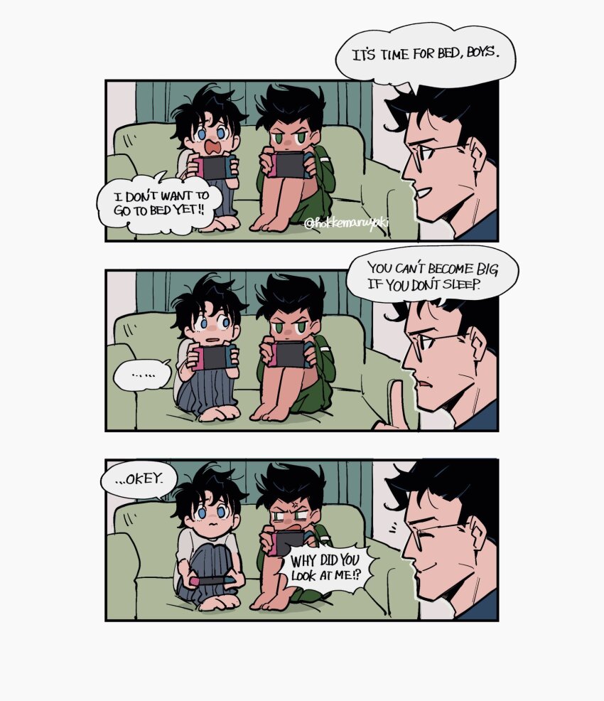 3boys artist_name barefoot black_hair blue_eyes border child clark_kent couch damian_wayne dark-skinned_male dark_skin dc_comics english_text glasses green_eyes highres hokkemaruyaki indoors jonathan_kent male_focus multiple_boys night nintendo_switch on_couch pajamas speech_bubble super_sons superhero_costume superman_(series) white_border