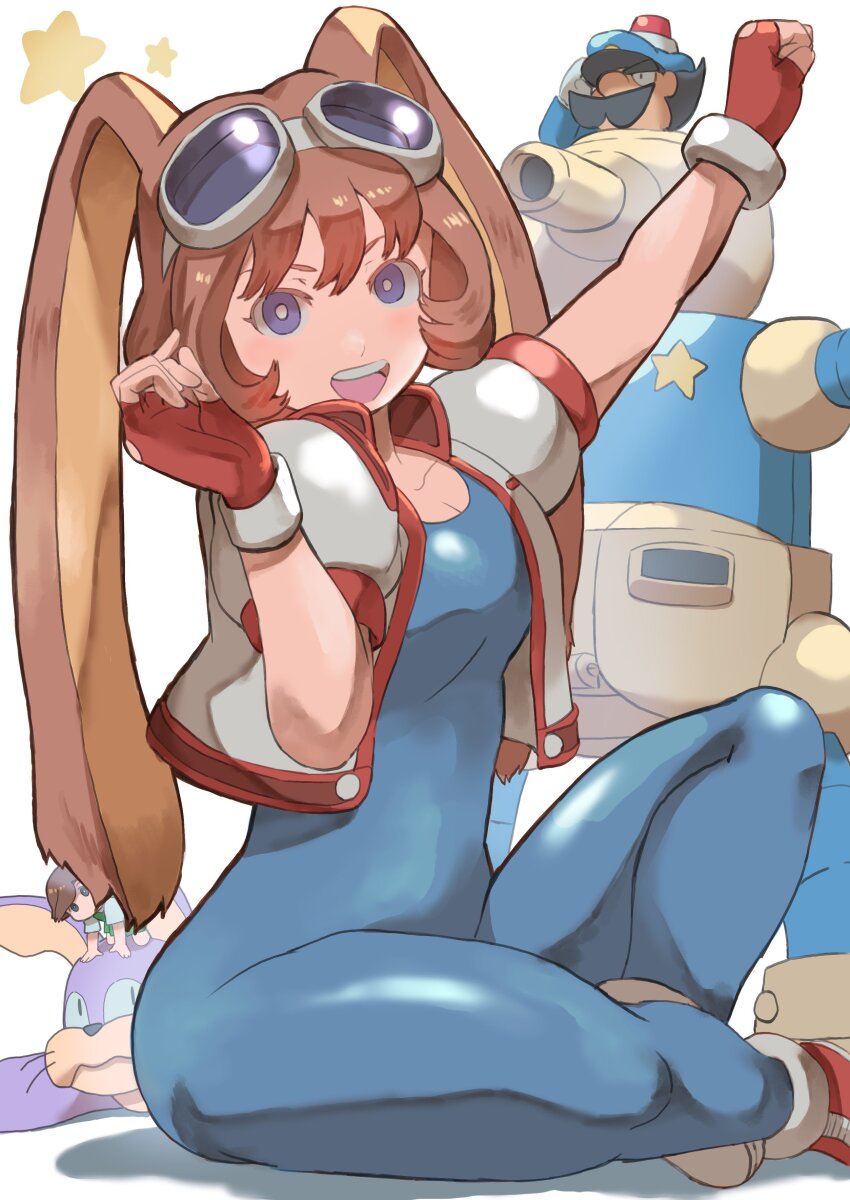 2boys 2girls absurdres animal_ears arm_up black_hair blue_bodysuit bodysuit breasts brown_eyes brown_hair clenched_hand facial_hair goggles goggles_on_head highres jacket makihara_arina mecha medium_breasts multiple_boys multiple_girls muscular muscular_female mustache open_clothes open_jacket open_mouth police police_uniform rabbit rabbit_ears robot school_uniform shoes sitting smile sneakers teeth thick_thighs thighs tongue unitard waku_waku_7