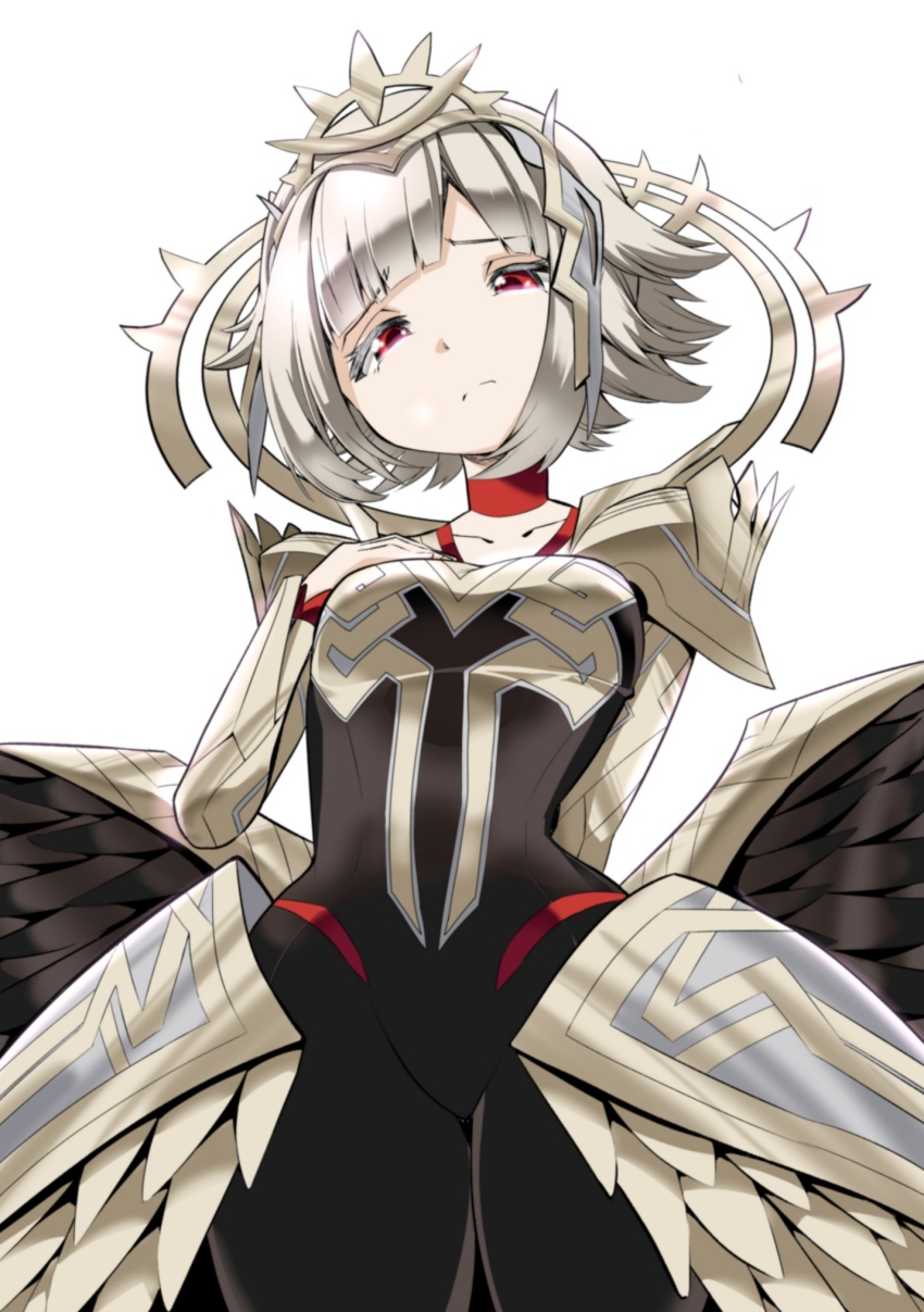 1girl black_dress black_wings blunt_bangs breasts closed_mouth collarbone cowboy_shot dress fire_emblem fire_emblem_heroes grey_hair hahe highres looking_at_viewer nintendo official_alternate_costume official_alternate_hairstyle red_eyes short_hair small_breasts solo tiara veronica_(fire_emblem) veronica_(princess_rising)_(fire_emblem) white_background wings