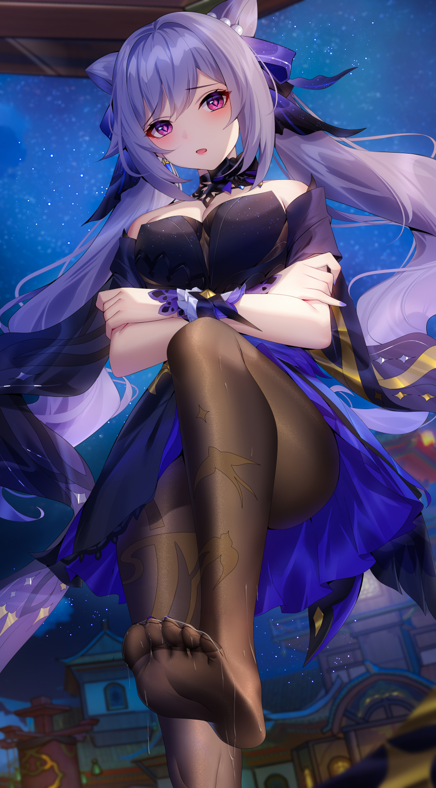 1girl absurdres artistic_error bare_shoulders black_dress black_pantyhose blue_dress blush bow breasts chinese_commentary cleavage commentary_request cone_hair_bun crossed_arms diamond-shaped_pupils diamond_(shape) double_bun dress feet foot_focus foot_out_of_frame foreshortening genshin_impact hair_bow hair_bun hair_intakes highres keqing_(genshin_impact) keqing_(opulent_splendor)_(genshin_impact) large_breasts long_hair looking_at_viewer nail_polish night no_shoes official_alternate_costume outdoors pantyhose parted_lips presenting_foot purple_bow purple_eyes purple_hair purple_nails soles solo symbol-shaped_pupils thighs toes twintails two-tone_dress variant_set wet wu_ganlan_cai