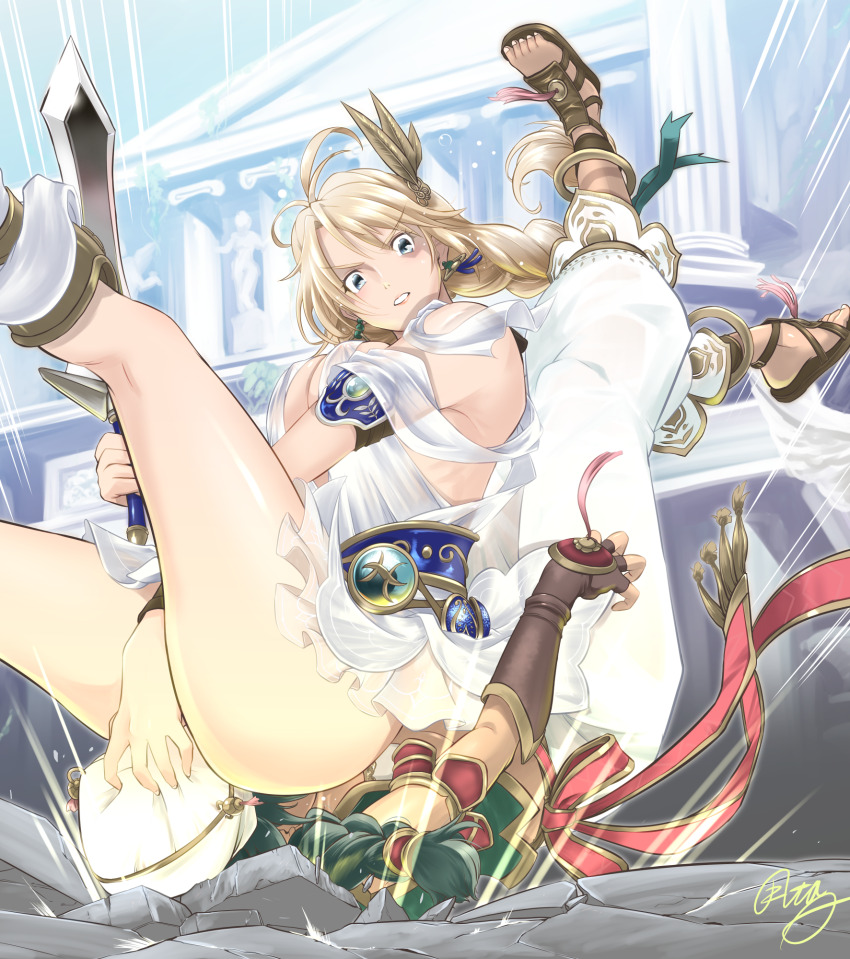 2girls ahoge architecture ass blonde_hair blue_eyes braid braided_ponytail breasts cleavage commentary_request covered_erect_nipples crushing dress female_focus fighting fingerless_gloves forced gloves greco-roman_architecture greco-roman_clothes grey_hair hanabusa_(xztr3448) head_grab highres large_breasts long_hair motion_lines multiple_girls namco revealing_clothes ryona sandals sideboob signature sitting sitting_on_face sitting_on_person sophitia_alexandra soul_calibur sword talim teeth thighs weapon white_dress yuri