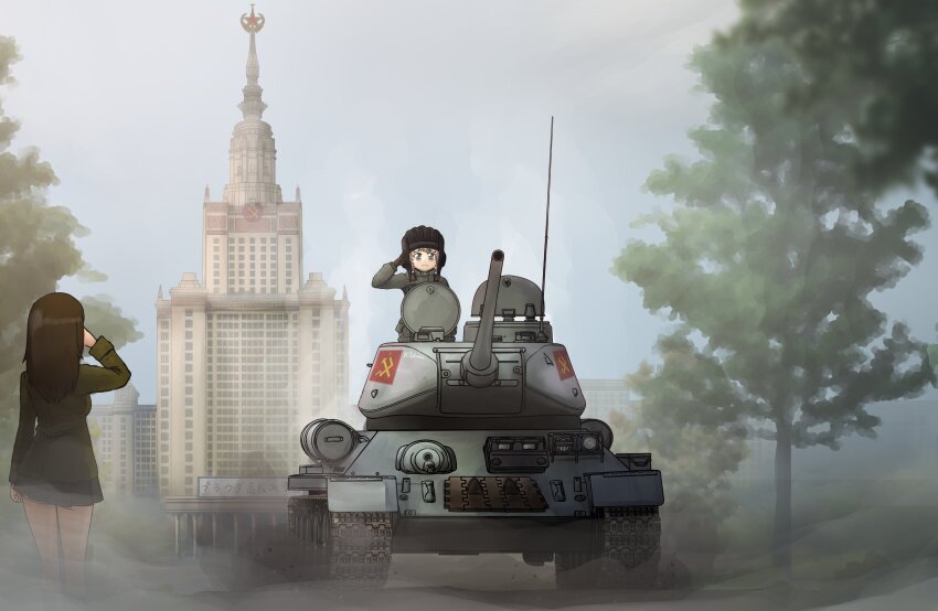 2girls absurdres black_hair blonde_hair blue_eyes building day emblem girls_und_panzer helmet highres katyusha_(girls_und_panzer) kiln_firelink military military_vehicle motor_vehicle multiple_girls nonna_(girls_und_panzer) pravda_(emblem) pravda_military_uniform red_star salute smoke star_(symbol) t-34 t-34-85 tank tank_helmet translated tree