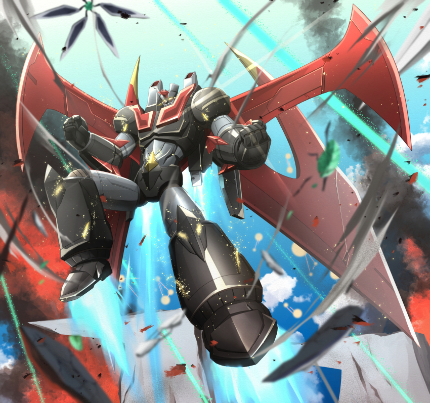 absurdres clenched_hands commentary_request glowing glowing_eyes grendizer_u highres horns mazinger_(series) mazinger_x mecha mecha_focus mechanical_wings no_humans pilder robot science_fiction solo super_robot troy_(oxaa01ex) ufo_robo_grendizer wings yellow_eyes