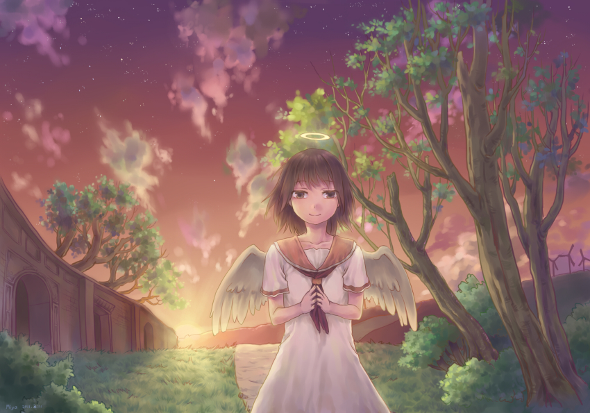 00s 1girl angel angel_wings evening female_focus haibane_renmei halo highres miya8111 rakka_(haibane) sailor_collar signature sky smile solo sun sunlight sunset traditional_halo tree twilight wings