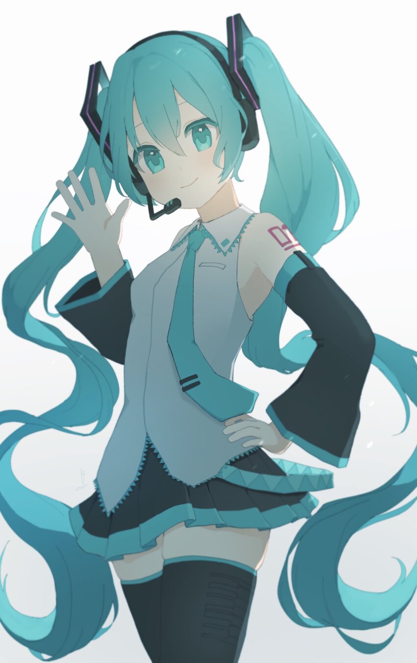 1girl aqua_eyes aqua_hair aqua_necktie aqua_trim arm_tattoo bare_shoulders black_boots black_skirt black_sleeves boots breast_pocket breasts collared_shirt cowboy_shot detached_sleeves frilled_shirt frills hair_between_eyes hair_ornament hand_on_own_hip hand_up hashtag-only_commentary hatsune_miku headset highres long_hair long_sleeves looking_at_viewer miniskirt mochino_(to_misoshiru) necktie number_tattoo pleated_skirt pocket shirt simple_background skindentation skirt sleeveless sleeveless_shirt small_breasts smile solo tattoo thigh_boots thighhighs tie_clip twintails untucked_shirt very_long_hair vocaloid waving white_background white_shirt wide_sleeves zettai_ryouiki