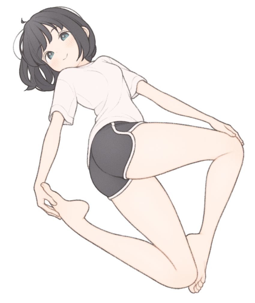 1girl 1ssakawaguchi absurdres ass barefoot blush breasts closed_mouth dolphin_shorts highres ichika_(1ssakawaguchi) legs looking_at_viewer original shirt short_hair short_shorts short_sleeves shorts simple_background small_breasts smile solo t-shirt thighs twisted_torso white_background white_shirt