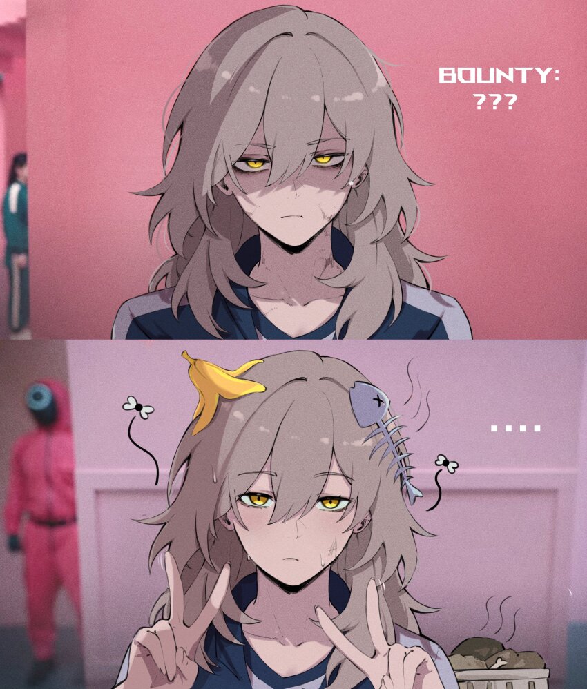 ... 1girl 1other absurdres alternate_costume banana_peel blue_jacket bug closed_mouth collarbone double_v english_text fish_skeleton fly grey_hair hair_between_eyes hands_up highres honkai:_star_rail honkai_(series) insect jacket long_hair looking_at_viewer masoq meme multiple_views sidelocks smelling smelling_clothes squid_game stelle_(honkai:_star_rail) sweatdrop track_jacket trailblazer_(honkai:_star_rail) trash_bag trash_can upper_body v worker_(squid_game) year_1_&amp;_year_2_(squid_game)_(meme) yellow_eyes