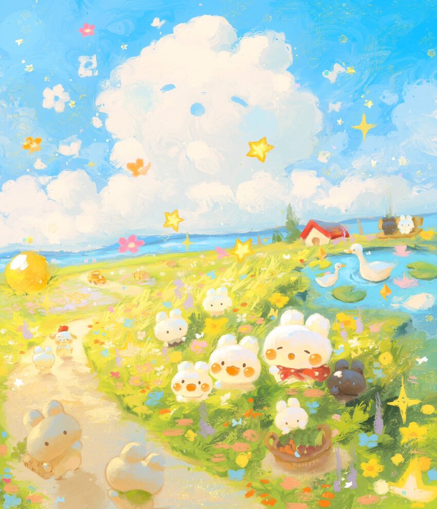 animal animal_focus basket bench bird blush_stickers bow building cloud cloudy_sky colorful creature day duck flower grass gummy_(happyyu) highres horizon lake lily_pad ocean open_mouth original outdoors pastel_colors path rabbit road scenery shaped_cloud sky smile solid_circle_eyes solid_eyes star_(symbol) water