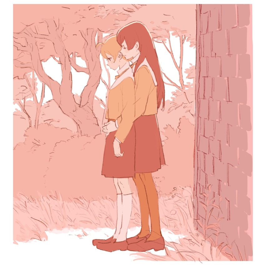2girls 55bata6rou ahoge behind_another brown_theme bush closed_eyes dress from_side full_body highres hug hug_from_behind koito_yuu loafers long_hair long_sleeves monochrome multiple_girls nanami_touko outdoors pantyhose profile school_uniform shirt shoes short_hair socks standing tohmi_higashi_high_school_uniform tree yagate_kimi_ni_naru yuri