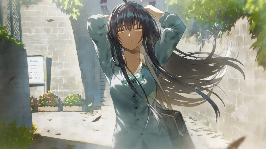 1girl alley arms_up bag black_hair blue_archive blue_bow blue_bowtie blue_cardigan bow bowtie cardigan dark-skinned_female dark_skin day fagi_(kakikaki) halo highres karin_(blue_archive) long_hair outdoors parted_lips plant potted_plant scenery school_uniform shoulder_bag solo sunlight upper_body yellow_eyes
